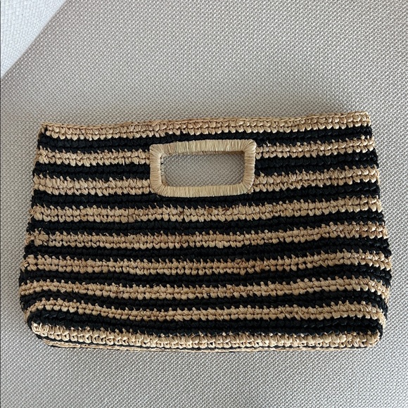 J. Crew Handbags - J. Crew Handknotted Raffia rectangular clutch Striped Black and Tan Clutch
